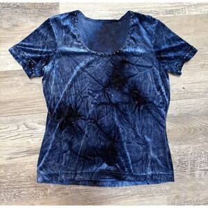 Vintage 90s Velour Knit Top Tye Died Look Acid Wash Blue Grunge Studs Shirt Smal
